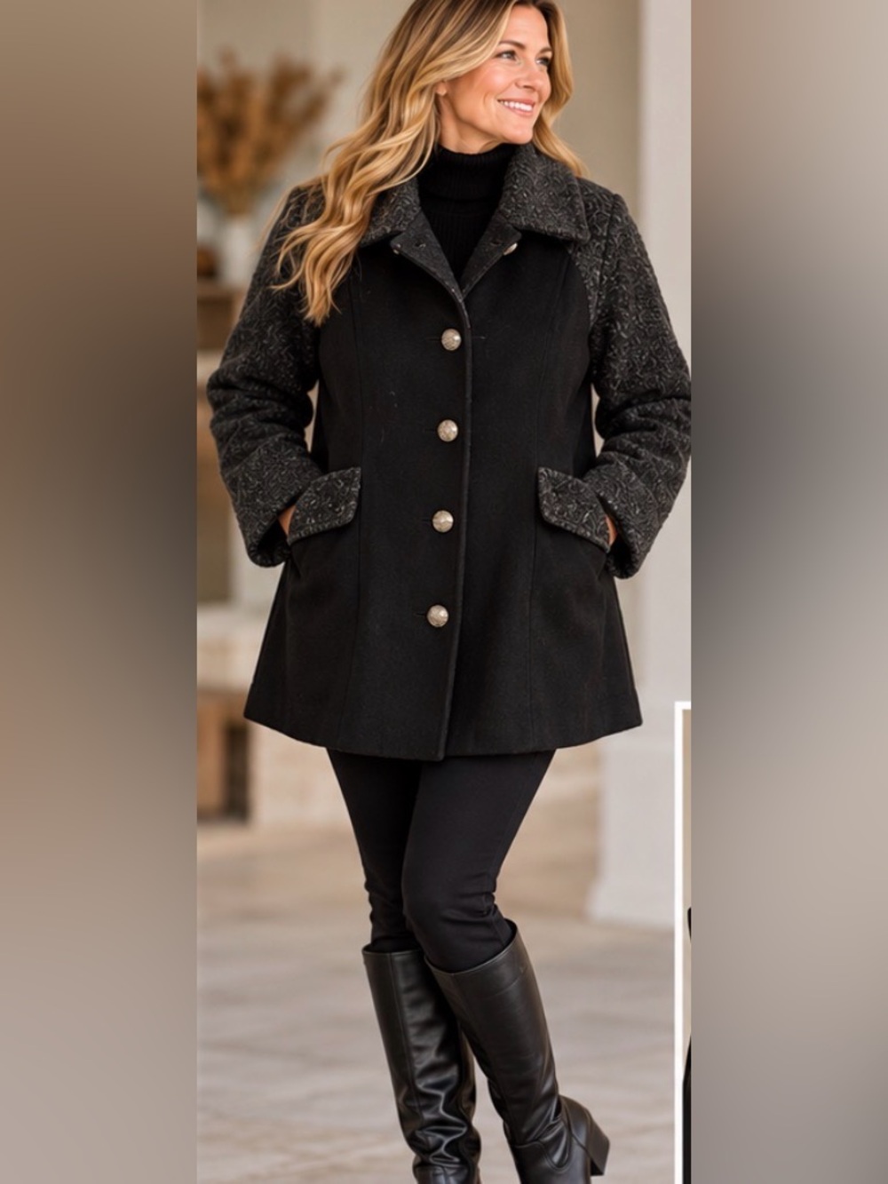 24” ptp Liz Claiborne Bouclé Trim Wool-Blend Coat Pea Coat Black XL